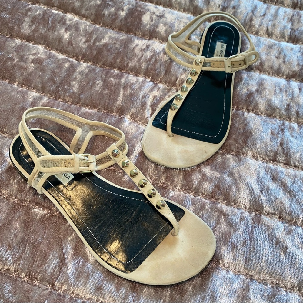 Designer Balenciaga Studded Thong Gladiator Mesh Back Suede Leather Strap Sandal